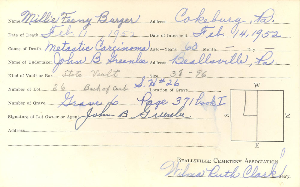 Millie Feeney Burger burial card